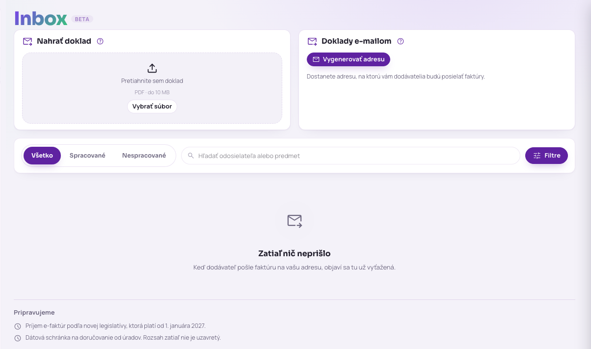 Modul Inbox s plochou na nahratie dokladu a kartou Doklady e-mailom