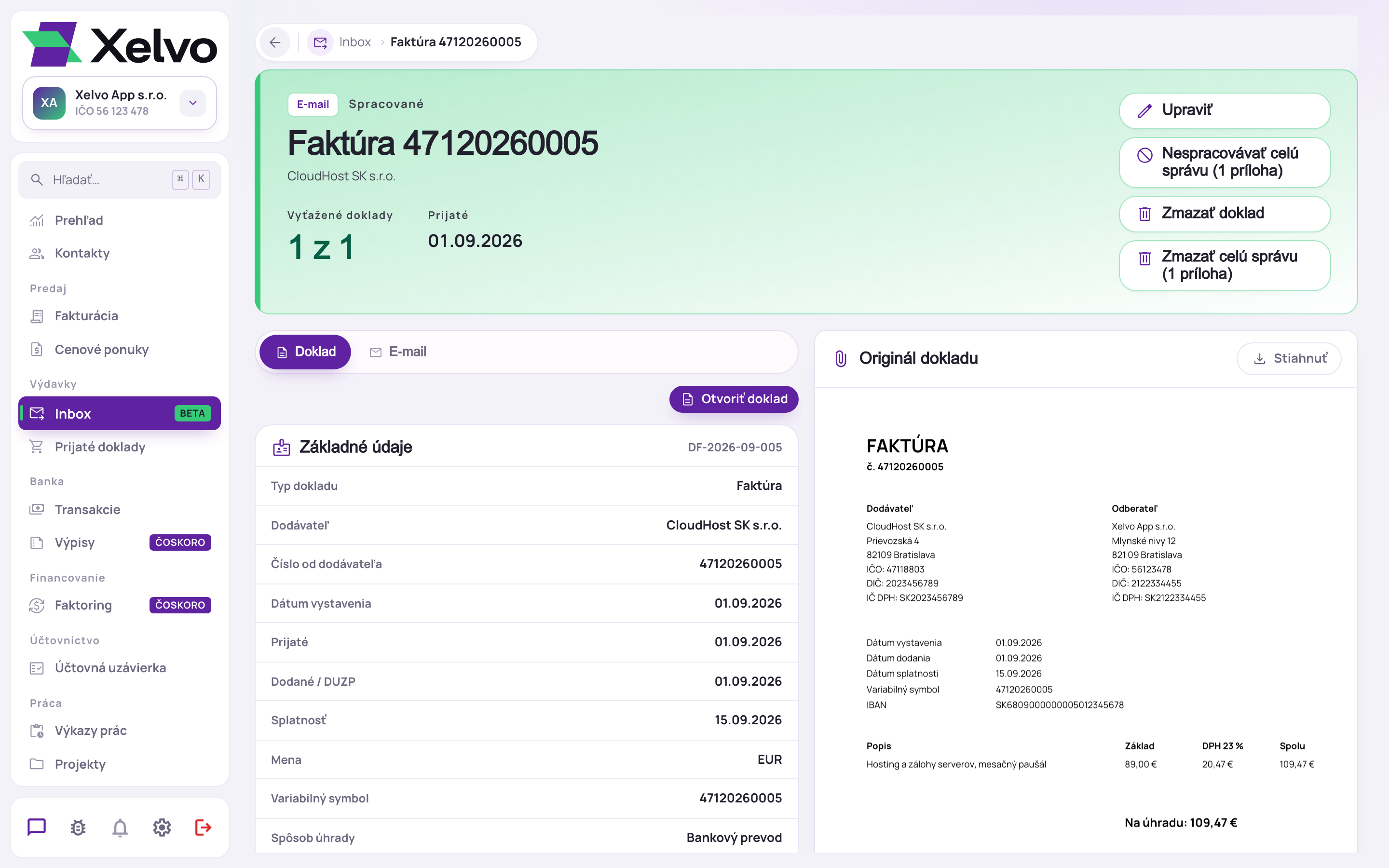 Detail správy v Inboxe: vľavo údaje vyťažené z faktúry dodávateľa, vpravo originál dokladu v PDF