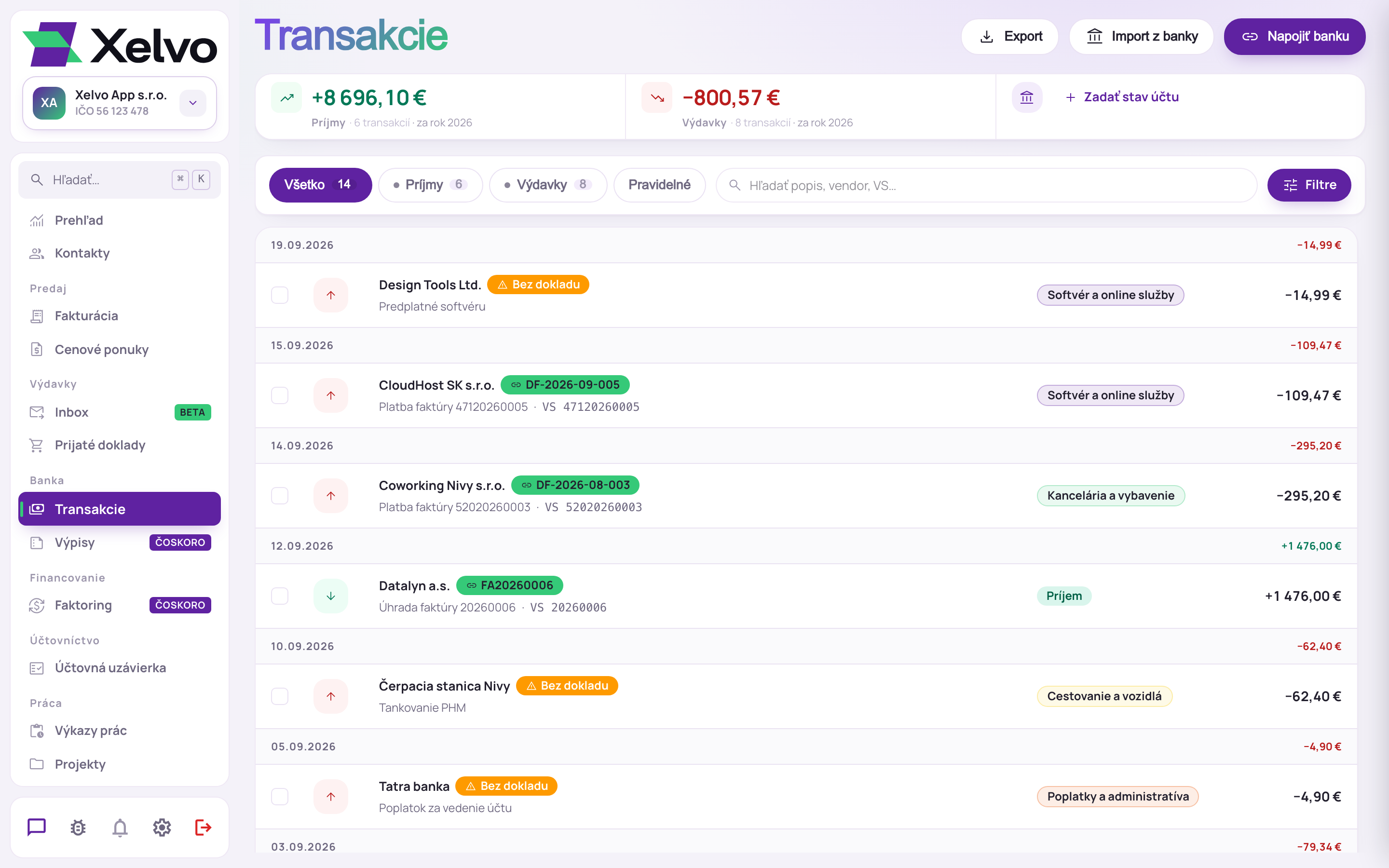 Transakcie z banky, pri platbách spárovaný doklad a kategória, pri pohyboch bez dokladu upozornenie Bez dokladu
