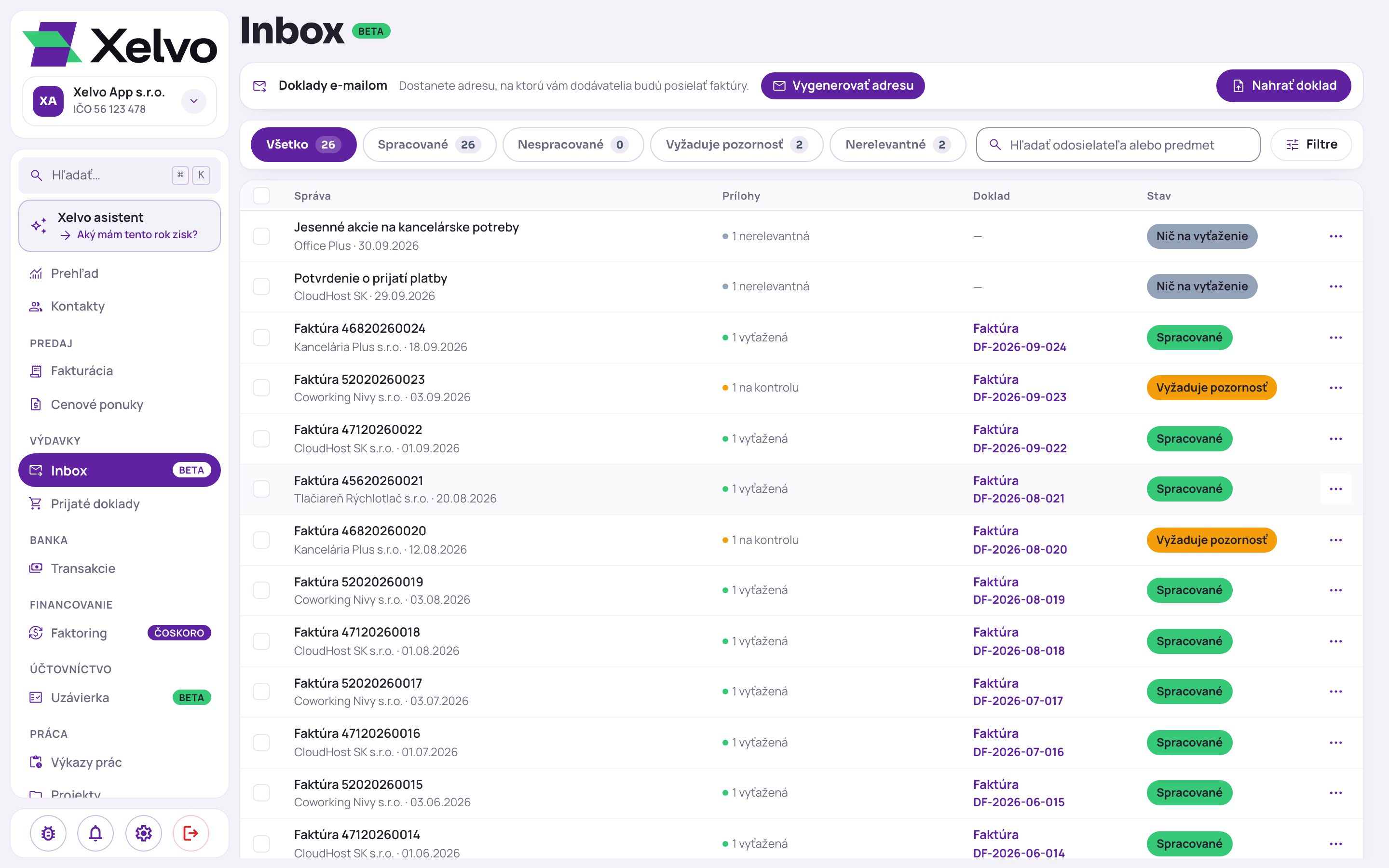 Xelvo: Inbox s prijatými dokladmi (a mobil s odfoteným bločkom)