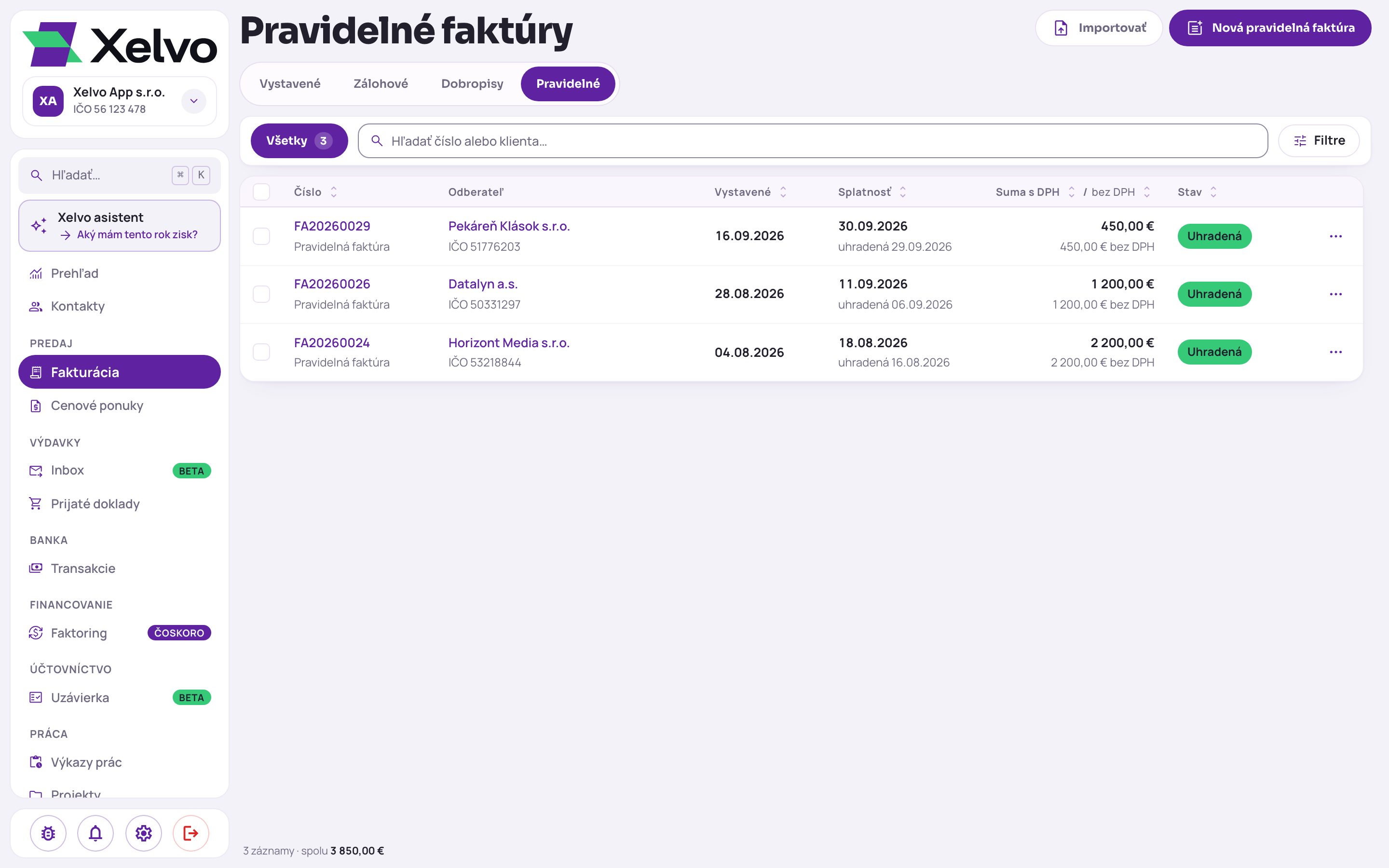 Xelvo: pravidelné faktúry