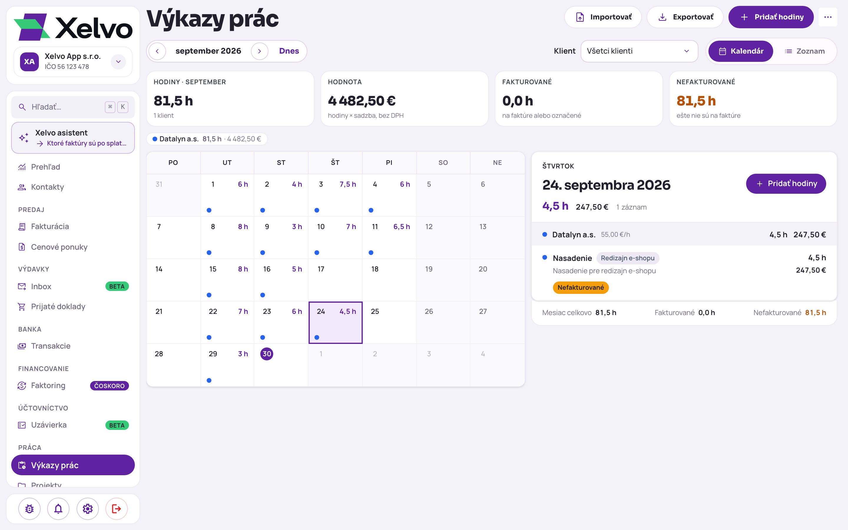 Xelvo: výkaz práce a faktúra z neho