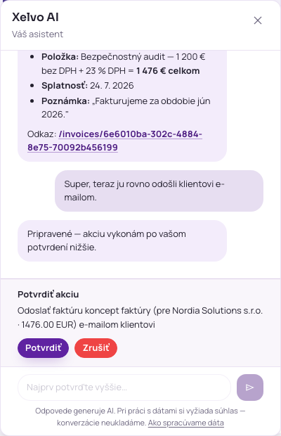 Asistent žiada potvrdenie pred odoslaním faktúry
