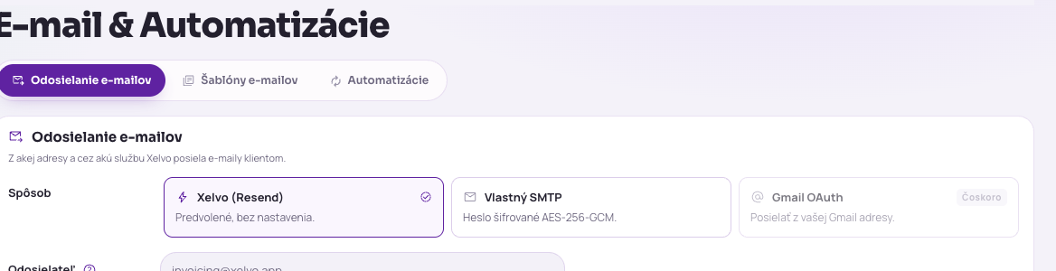 Tri záložky sekcie E-mail a Automatizácie