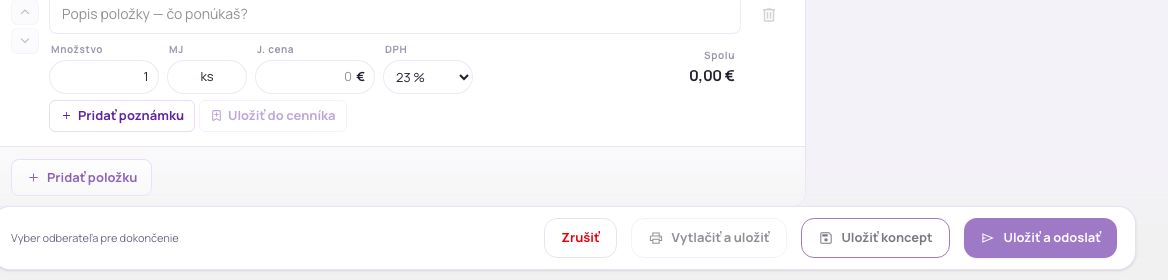 Lišta na uloženie ponuky
