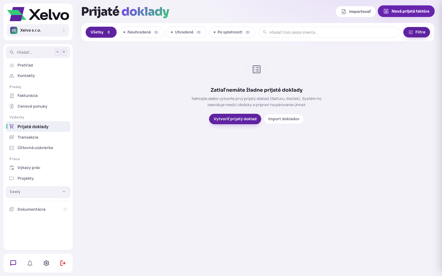 Prázdny zoznam prijatých dokladov s výzvou začať