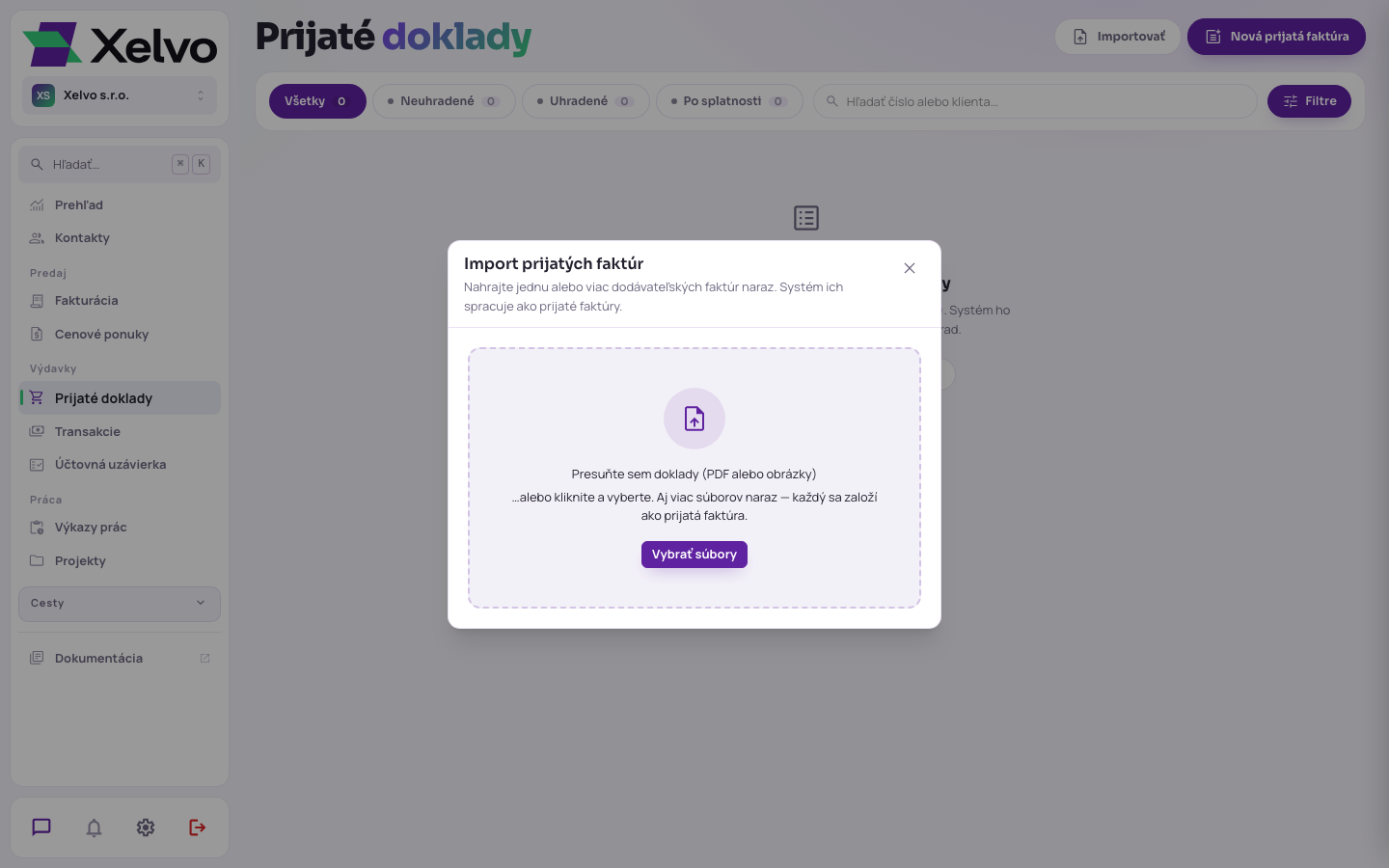 Okno importu — presunutie alebo výber súborov