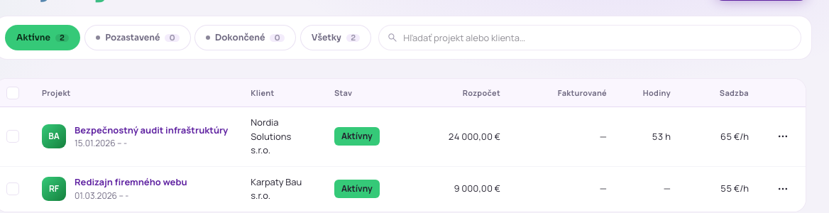 Záložky stavov a vyhľadávanie nad zoznamom