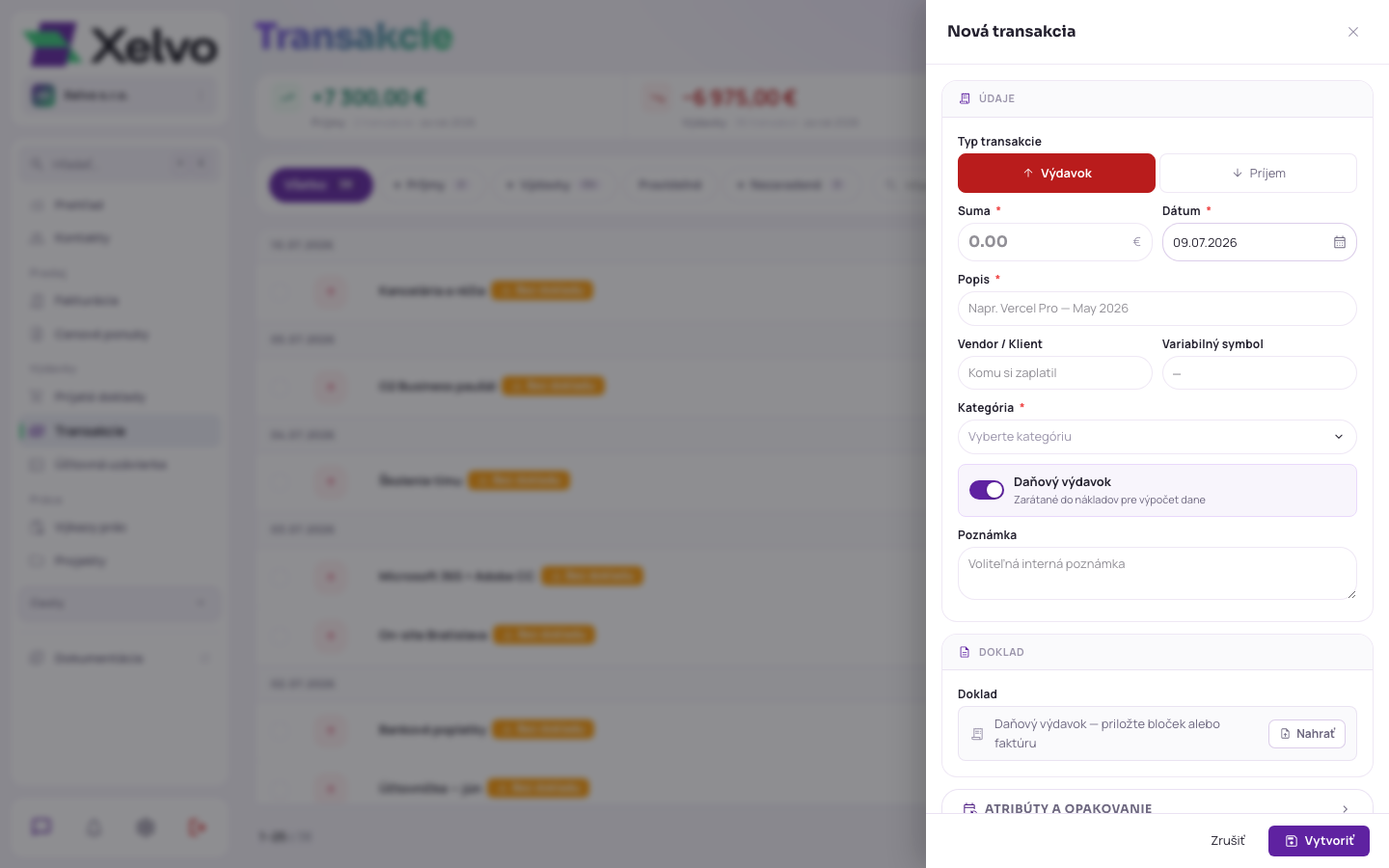 Formulár novej transakcie