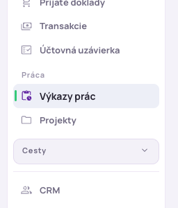 Položka Výkazy prác v ľavom menu