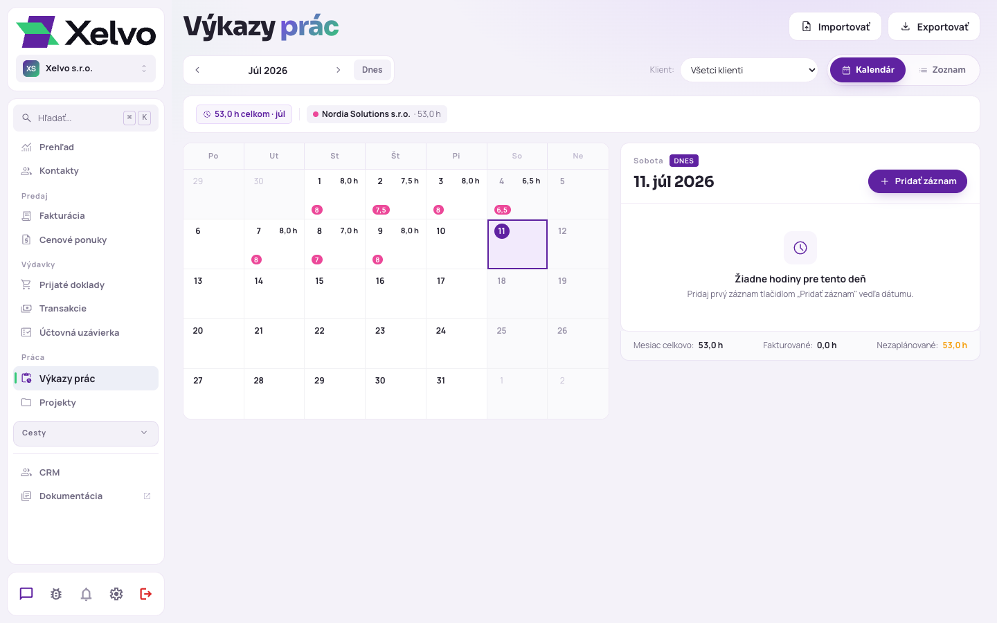 Výkazy prác — prehľad odpracovaných hodín za mesiac