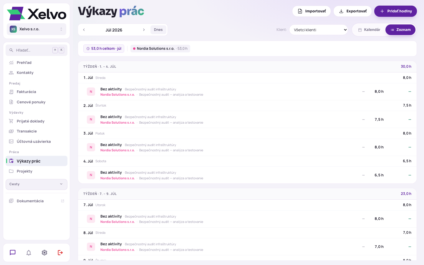 Zobrazenie Zoznam — hodiny zoradené po týždňoch
